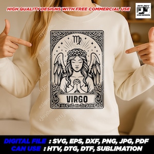 Signo de Virgem Svg, Design de Anjo em Estilo Tarô Vintage com Coroa Floral, Signo Astrológico PNG Eps PDF para Cricut – Download Digital
