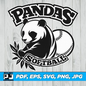 Può includere: Illustrazione in bianco e nero di un panda che tiene una palla da baseball. Il panda è seduto su un ramo con foglie. Il testo "Pandas Softball" è scritto su uno stendardo nero sopra il panda.