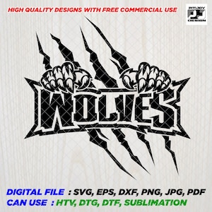 Puede incluir: Diseño gráfico en blanco y negro de la palabra "WOLVES" con marcas de garras detrás del texto. El diseño es para descarga digital y se puede utilizar para vinilo de transferencia de calor, impresión directa a prenda, impresión directa a película y sublimación.