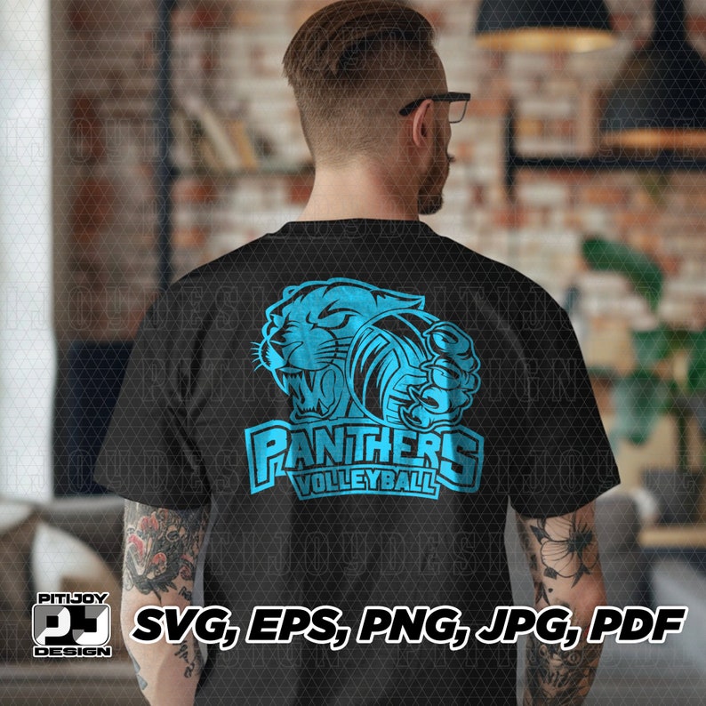 May include: A black t-shirt with a blue and white graphic of a panther with a volleyball. The graphic says "Panthers Volleyball".