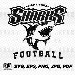 May include: Black and white graphic design of a shark with an open mouth and a football helmet on top of its head. The text "SHARKS FOOTBALL" is above the shark.