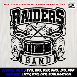 Raiders Marching Band SVG Design – School Spirit Drum and Trumpet Logo for Band Shirts, Football Games, PNG Digital Download