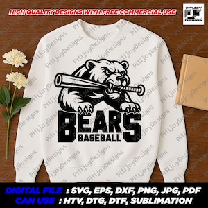 May include: A white sweatshirt featuring a black bear holding a baseball bat with the text "Bears Baseball".