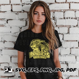 May include: A black t-shirt with a gold graphic of a panther holding a volleyball. The graphic includes the text "Panthers Volleyball".