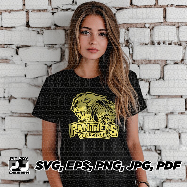 May include: A black t-shirt with a gold graphic of a panther holding a volleyball. The graphic includes the text "Panthers Volleyball".