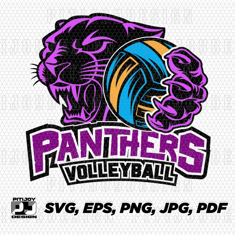 May include: Purple and black panther mascot logo with a volleyball. The panther is holding the volleyball with its paw. The text "Panthers Volleyball" is below the panther.