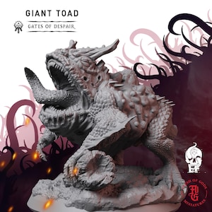 May include: A gray resin miniature of a Giant Toad from Gates of Despair. The creature features a wide, open mouth with a long, textured tongue, sharp teeth, and a bumpy, warty back. It stands on a rocky base with a log-like element.