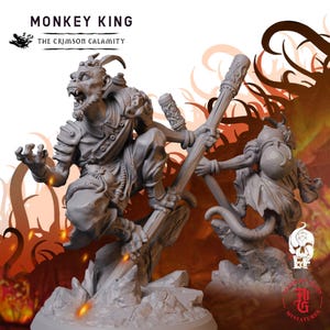 May include: A grey resin miniature figure titled Monkey King The Crimson Calamity. The figure depicts a monkey-like creature with a snarling expression, wearing armour and holding a long staff. The base is rocky, and the figure has a tail.