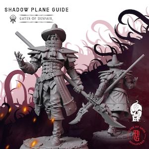 May include: A gray resin miniature figure titled Shadow Plane Guide Gates of Despair. The character wears a wide-brimmed hat, a high-collared coat with multiple buckles, and carries a long polearm weapon. Two views of the figure are shown.