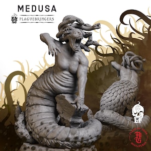 May include: A grey Medusa miniature figure with a snake-covered head, an open mouth showing sharp teeth, and a long, scaled serpentine tail. The figure is posed on a rock base. Text on the image reads MEDUSA PLAGUEBRINGERS and FLESH OF GODS MINIATURES.