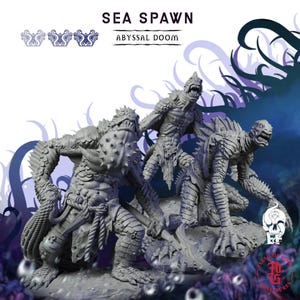 May include: Three grey, unpainted resin miniature figures titled SEA SPAWN ABYSSAL DOOM. The creatures feature scaled skin, sharp teeth, and webbed appendages. One figure holds a spear-like weapon, while another has a spiky, textured chest.