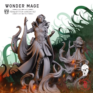 Puede incluir: Una figura gris de Wonder Mage de Forgotten Ancestry. La detallada figura de fantasía representa a una mujer con un vestido fluido, con los brazos levantados. La figura está rodeada de humo estilizado y tiene una versión más pequeña de la figura en el fondo.