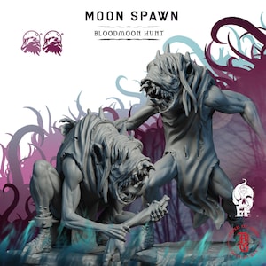 May include: Two grey, unpainted fantasy creature miniatures labeled MOON SPAWN BLOODMOON HUNT. One figure is crouching, holding a bone-like object, while the other stands behind it. Both creatures feature sharp teeth, tattered clothing, and spiked collars.