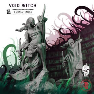 May include: A grey resin miniature figure titled Void Witch Cursed Tome, depicting a gaunt character with long hair, wearing draped robes and a waist pouch, holding a dagger aloft while standing on a rocky base with a skull and flowing fabric.