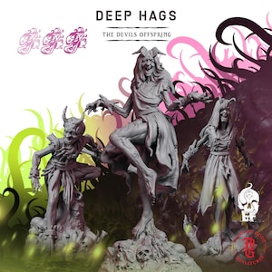 May include: Three grey resin miniature figures titled DEEP HAGS THE DEVILS OFFSPRING. The figures depict horned, humanoid creatures in tattered clothing standing on bases covered in skulls. The central figure is leaping, while the others stand.