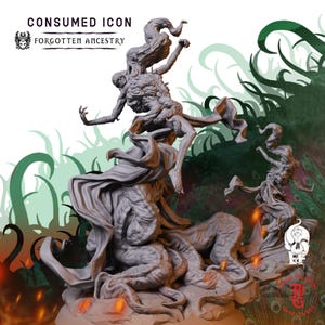 May include: A grey resin miniature figure titled Consumed Icon from Forgotten Ancestry. The figure depicts a humanoid form emerging from a mass of swirling, tentacle-like roots and flowing fabric, with one arm extended and a dynamic, twisting pose.