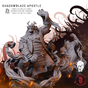 May include: A grey resin miniature figure titled SHADOWBLAZE APOSTLE APOSTLES OF CHAOS, depicting a warrior in samurai-style armor with a beast-like face, surrounded by swirling smoke effects, with a Flesh of Gods Miniatures logo in the corner.