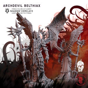 May include: A grey resin miniature figure titled Archdevil Belthiax Shadow Conclave. The figure features a humanoid with horns, one feathered wing, one leathery wing, and a long robe, holding a large, multi-pointed staff weapon in the right hand.