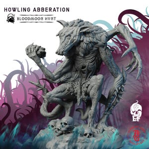 May include: A detailed grey miniature of a monstrous creature with a wolf-like head, holding a skull. The figure has sharp claws and exposed ribs, with the text "HOWLING ABBERATION" and "BLOODMOON HUNT" at the top. Skulls are at the base.