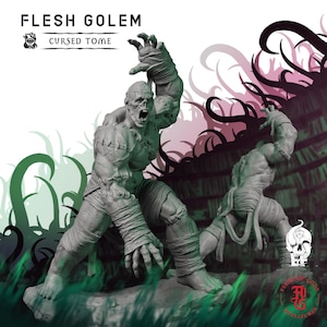 May include: A grey resin miniature of a Flesh Golem with stitched skin, wrapped limbs, and an open-mouthed expression. The figure is posed in a dynamic stance with one arm raised. Text at the top reads FLESH GOLEM and CURSED TOME.