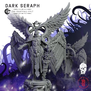 May include: A grey resin miniature figure titled Dark Seraph The Nightfall Cult. The figure features a hooded character with large feathered wings, ornate armour, and a sword, standing on a circular base. The text Dark Seraph is visible.