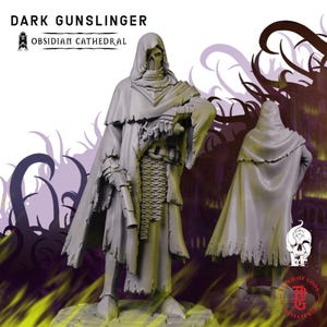 以下が含まれることがあります： Obsidian CathedralによるDark Gunslingerと題された灰色の樹脂製ミニチュアフィギュア。縁がほつれたフード付きマント、マスク、鎖帷子を身にまとい、片手にピストルを持っています。もう一つの視点はマントの背面を示しています。
