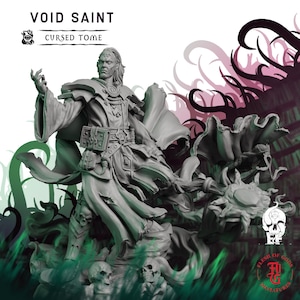 May include: A grey Void Saint miniature figure with the text "VOID SAINT" and "CURSED TOME". The figure is a detailed fantasy character with flowing robes, a staff, and a belt with pouches. The base features skulls and a stylized design.