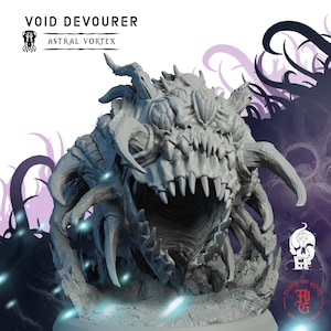 May include: A grey resin miniature titled Void Devourer Astral Vortex, featuring a spherical creature with a wide, toothy maw, multiple eyes, and curved horns. The figure is set against a graphic background with the text Void Devourer Astral Vortex.