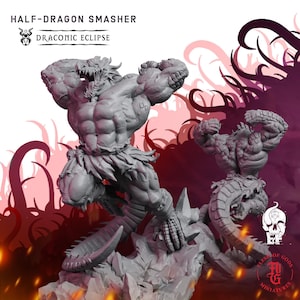May include: A grey resin miniature titled Half-Dragon Smasher from Draconic Eclipse. The figure depicts a muscular, dragon-like humanoid with a long tail, sharp claws, and a roaring expression, posed dynamically on a rocky base with a second figure.