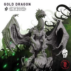 May include: A grey dragon figurine with large, spread wings, sharp claws, and a textured, scaled body standing on a rocky base. The text Gold Dragon and Veil of Whispers appears at the top, with a Flesh of Gods Miniatures logo at the bottom.