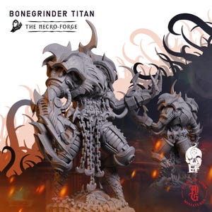 Puede incluir: Figura en miniatura gris de un Titán Triturador de Huesos con armadura intrincada y manos con garras. La figura está encadenada y tiene un diseño mecánico detallado. El texto "BONEGRINDER TITAN" y "THE NECRO-FORGE" son visibles.