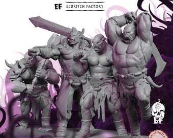 May include: A set of four grey unpainted miniature orc figures labeled ORC WARBAND and ELDRITCH FACTORY. The figures are muscular, wearing loincloths and armor, and are posed in combat stances with weapons including a large sword and a spiked mace.