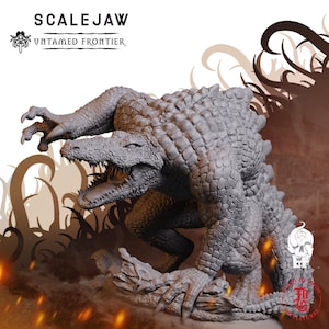 May include: A grey, unpainted miniature figurine of a bipedal, muscular crocodile-like creature with textured scales, sharp claws, and an open mouth. The text SCALEJAW UNTAMED FRONTIER appears in the upper left corner of the image.
