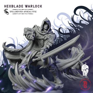 May include: A grey resin miniature of a hooded figure titled Hexblade Warlock Spellbound Apocalypse. The figure wears a cloak and armour, holding a long sword in one hand and extending the other. The base features stylised, pointed, wave-like elements.