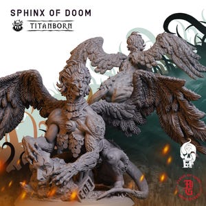 May include: A grey resin miniature figure titled SPHINX OF DOOM TITANBORN. The creature features a human-like face with textured skin, large feathered wings, and a muscular torso. It is depicted crouching while holding a stone head with clawed hands.