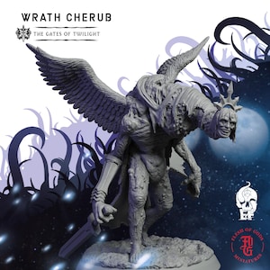 May include: A grey Wrath Cherub miniature from The Gates of Twilight. The figure has large feathered wings, a crown, and a sword. The miniature is on a rocky base with a dark background and the Flesh of Gods Miniatures logo.