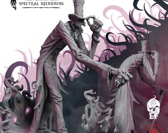 Puede incluir: Una figura miniatura de resina gris titulada Evil Landlord Spectral Reckoning. La figura representa a un personaje alto y delgado con un abrigo largo y sombrero de copa, sosteniendo un bastón. El personaje tiene una sonrisa amplia y humo alrededor.
