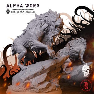 May include: A gray miniature of an Alpha Worg, a fantasy creature, with detailed fur and a menacing expression. The figure is posed on a rocky surface, with the text "ALPHA WORG" and "THE BLACK MARCH" at the top. The Flesh of Gods Miniatures logo is at the bottom.