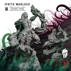 May include: A detailed, grey miniature of an Ifrits Warlock, a fantasy figure with long hair and armour, holding a staff. The figure is surrounded by swirling smoke and the text "IFRITS WARLOCK" and "CURSED TOME". The miniature is a Flesh of Gods miniature.