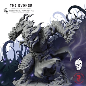 May include: A grey miniature figure titled The Evoker from Spellbound Apocalypse. The creature has horns, scaled skin, and large, flame-like gauntlets on its hands. It wears a loincloth with a skull detail and stands in a dynamic, aggressive pose.