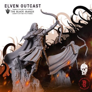 May include: A grey miniature of an archer with long hair, a cape, and a bow and arrow, standing on a rocky base. The text "ELVEN OUTCAST" and "THE BLACK MARCH" are at the top. The miniature is a fantasy figure.