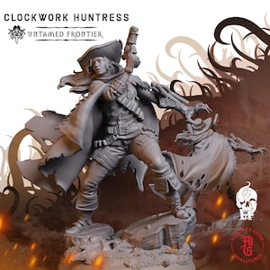May include: A gray resin miniature figure titled Clockwork Huntress from Untamed Frontier. The figure wears a wide-brimmed hat, a tattered cloak, and holds a mechanical pistol. A robotic claw attachment is visible on the left arm.