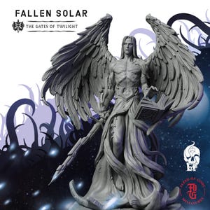 May include: A grey resin miniature figure titled Fallen Solar The Gates of Twilight. The figure depicts a winged humanoid with long hair, holding a sword in one hand and an open book in the other, standing atop a base with stylised hand shapes.