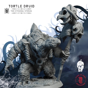 May include: A grey resin miniature of a Tortle Druid, The Eternal Storm. The figure depicts a turtle-like creature with textured skin, wearing straps and holding a tall staff topped with two skulls and feathers. Text reads Tortle Druid.