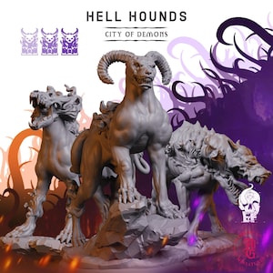 May include: Three grey unpainted miniature figures of hell hounds with demonic features, including horns and sharp teeth. The text HELL HOUNDS CITY OF DEMONS is displayed at the top. The figures are standing on rocky bases with detailed musculature.
