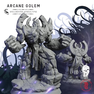 Könnte beinhalten: Eine graue Arcane Golem-Miniatur von Spellbound Apocalypse. Die Figur ist ein steinartiger Humanoid mit großen Fäusten und einer detaillierten, strukturierten Oberfläche. Das Bild enthält den Text "Arcane Golem" und "Spellbound Apocalypse".