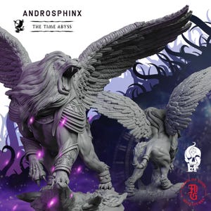 May include: A gray resin miniature of an Androsphinx with large feathered wings, a lion head with an open mouth, and armored leg bands. The figure is labeled Androsphinx The Time Abyss and features detailed musculature and textured plumage.