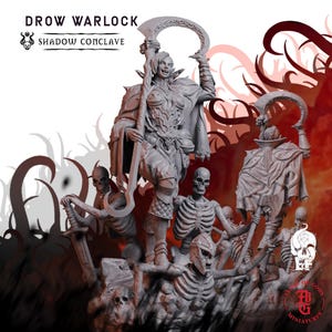 May include: A gray resin miniature set titled DROW WARLOCK SHADOW CONCLAVE. The central figure is a Drow Warlock holding a curved staff, surrounded by multiple skeletal figures and skulls. The base features detailed bone structures and debris.