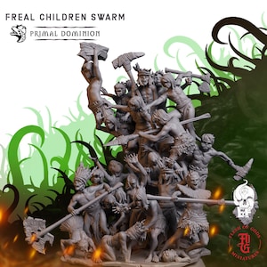 Puede incluir: Un conjunto de miniaturas de resina gris titulado FREAL CHILDREN SWARM PRIMAL DOMINION que muestra un grupo de figuras con taparrabos armadas con hachas de piedra y rocas. Las figuras están dispuestas en un grupo dinámico.