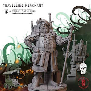 May include: A grey resin miniature of a bearded travelling merchant wearing a cap, a long coat, and a large backpack with swords. The figure holds a mace and stands on a wooden base. A small cart is included, labeled with the text INCLUDED.